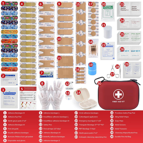 Front view of a red zippered first aid kit case with 144-piece emergency medical supplies.