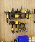 Wall Mounted Power Tool Storage Organizer Kit, Two Pack, Black Heavy Duty Wire Shelves For Garage Or Workshop, tools stored neatly.