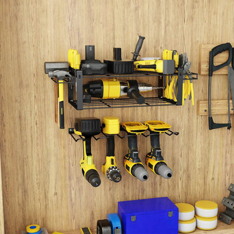 Wall Mounted Power Tool Storage Organizer Kit, Two Pack, Black Heavy Duty Wire Shelves For Garage Or Workshop, tools stored neatly.