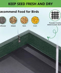 Close-up of Heavy Duty WPC Platform Bird Feeder Hanging with 3.5 lbs Capacity, showing metal mesh bottom and recommended bird food.
