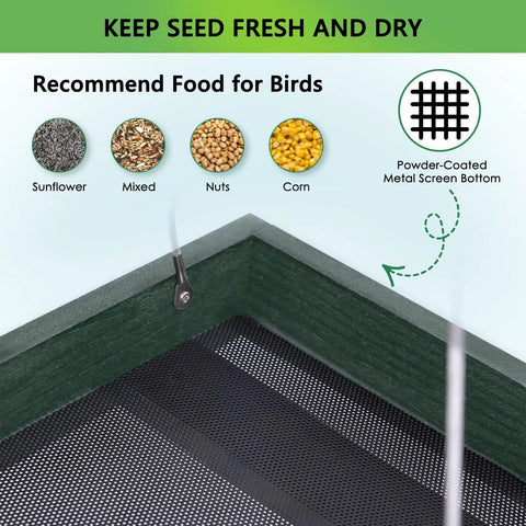 Close-up of Heavy Duty WPC Platform Bird Feeder Hanging with 3.5 lbs Capacity, showing metal mesh bottom and recommended bird food.