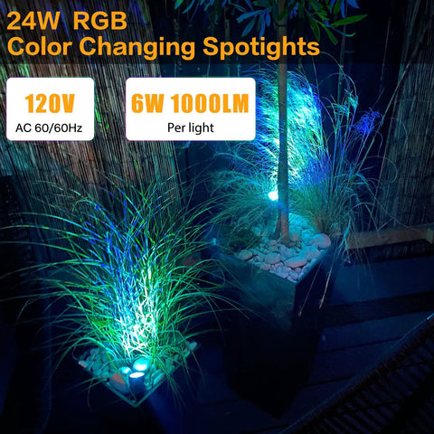 Outdoor 24W RGB Landscape Lights With Transformer And Remote illuminating plants in garden at night