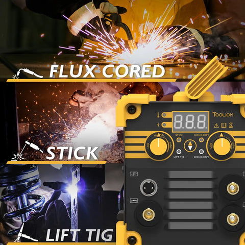 3 In 1 Gasless Flux Core MIG Welder 110V With LCD Display Inverter For MMA Lift TIG And Stick Welding capabilities displayed.