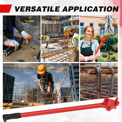 Heavy Duty Manual Rebar Bender For 5/8" Steel Bars shown in use by contractors in various construction sites.
