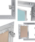 8x16 Push To Open Drywall Access Panel Featuring Rugged Aluminum Frame And Waterproof Gypsum Core Tileable Paintable Indoor Wall And Ceiling Service Door No Sweat Upgrade close-up of aluminum frame and locking mechanism