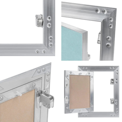 8x16 Push To Open Drywall Access Panel Featuring Rugged Aluminum Frame And Waterproof Gypsum Core Tileable Paintable Indoor Wall And Ceiling Service Door No Sweat Upgrade close-up of aluminum frame and locking mechanism