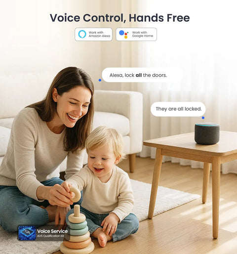 Woman with child using WiFi Smart Fingerprint Front Door Lock Set With Remote App Control Hands Free No Fuss Keyless Entry