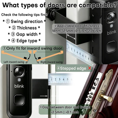 Built Like A Tank Anti Theft Security Enclosure For Blink Battery Doorbell 2K Plus installation guide showing door compatibility details.