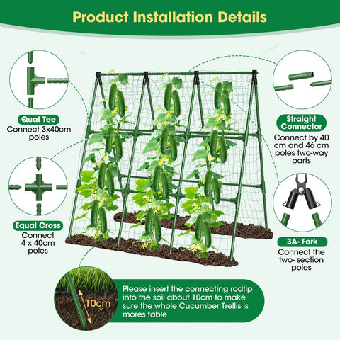Installation diagram of Heavy Duty 51 By 53 Inch A Frame Garden Trellis for Raised Beds with connectors and netting.