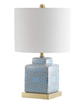 Blue White Ceramic Ginger Jar Table Lamp With Square Lattice Chinoiserie Design, White Linen Shade, LED Included, Nightstand Lamp