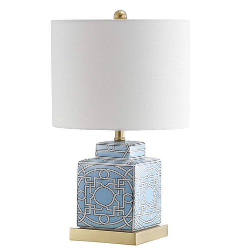 Blue White Ceramic Ginger Jar Table Lamp With Square Lattice Chinoiserie Design, White Linen Shade, LED Included, Nightstand Lamp