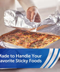 Person using Nonstick Aluminum Foil Roll For Easy Cooking And Mess Free Cleanup Perfect For Covering Casseroles Foil Packet Meals Roasts And Leftovers 130 Sq Ft 12 Inch Wide Heavy Duty Kitchen Saver to cover casserole dish