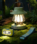 Kid Friendly Motion Sensor Headlamp And Rechargeable Camping Lantern Set with Hands Free Wave Control and USB-C charging on moss.