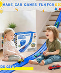 Children playing with Flexible Race Track For Kids 16 Ft Bendable Car Ramp Track Set With 16 Suction Cups on a blue track