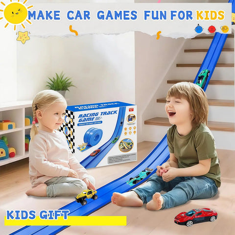 Children playing with Flexible Race Track For Kids 16 Ft Bendable Car Ramp Track Set With 16 Suction Cups on a blue track