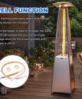 Front view of stainless outdoor patio heater with glass flame; inset shows 16.2-inch thermocouple kit with nuts.