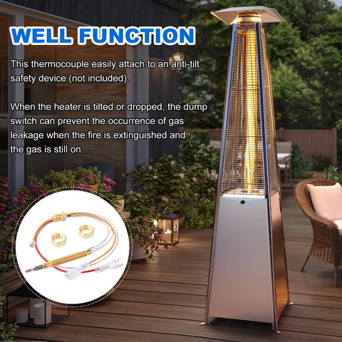 Front view of stainless outdoor patio heater with glass flame; inset shows 16.2-inch thermocouple kit with nuts.