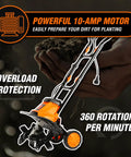 Image of Electric Tiller with Powerful 10-Amp Motor, showing overload protection and 360 rotations per minute features