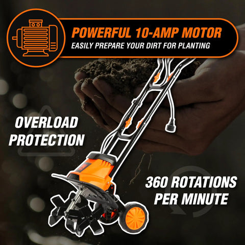 Image of Electric Tiller with Powerful 10-Amp Motor, showing overload protection and 360 rotations per minute features