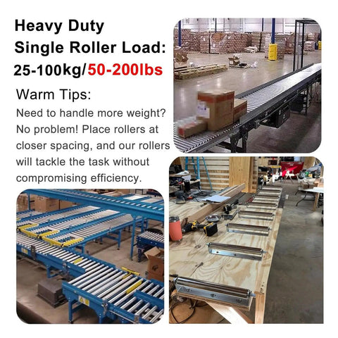 Two Pack Heavy Duty Stainless Steel Conveyor Rollers in industrial setting with package loads on conveyor system.