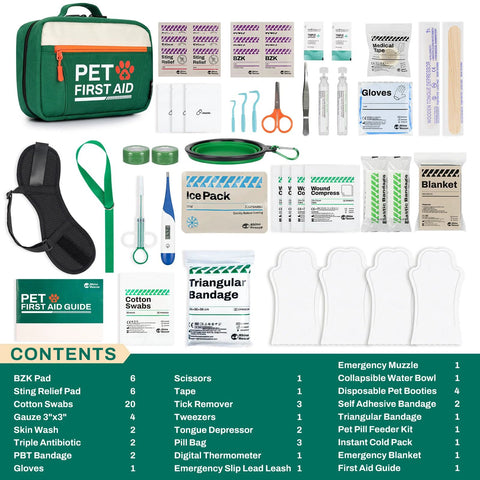 Front view of Rhino Rescue Pet First Aid Kit in green zip case with thermometer and supplies