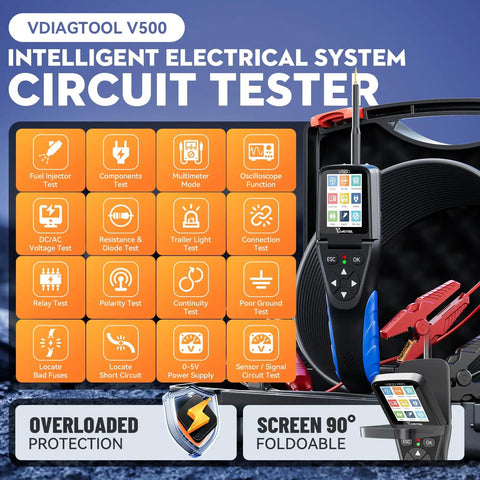 All In One Automotive Power Circuit Tester Kit 9 To 30V with screen, probes, and functional icons for cars and trucks diagnostics