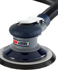 Get Stuff Done Comfort Grip Orbital Palm Sander With Adjustable Speed Up To 12500 RPM And 10000 Free Speed Air Powered Orbit Vacuum Attachment And Dust Collection Bag For Mess Free Woodworking, close-up view showing control handle and vacuum attachment.