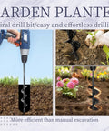 Extended Spiral Auger Drill Bit For Planting 1.6 In Diameter By 8.66 In Length With 3/8 In Hex Shank demonstrated in various planting scenarios.