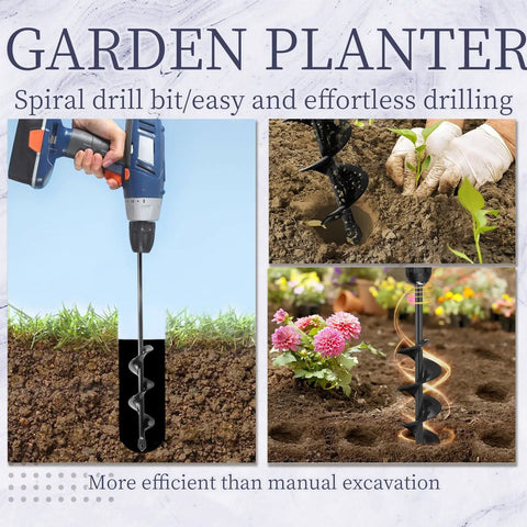 Extended Spiral Auger Drill Bit For Planting 1.6 In Diameter By 8.66 In Length With 3/8 In Hex Shank demonstrated in various planting scenarios.
