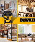 Yellow DeWalt vacuum in workshop, construction site, warehouse, and living room; 9 Gallon Stealthsonic Ultra Quiet Poly Shop Vacuum Wet Dry With Noise Reduction For Home And Garage, Heavy Duty Shop Vacuum, Strong Suction, Quiet Operation, Great For Wet Messes And Dry Cleanup