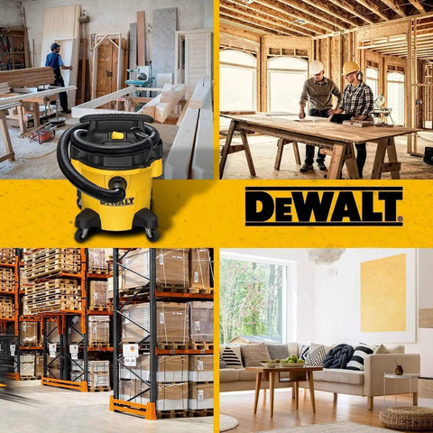 Yellow DeWalt vacuum in workshop, construction site, warehouse, and living room; 9 Gallon Stealthsonic Ultra Quiet Poly Shop Vacuum Wet Dry With Noise Reduction For Home And Garage, Heavy Duty Shop Vacuum, Strong Suction, Quiet Operation, Great For Wet Messes And Dry Cleanup