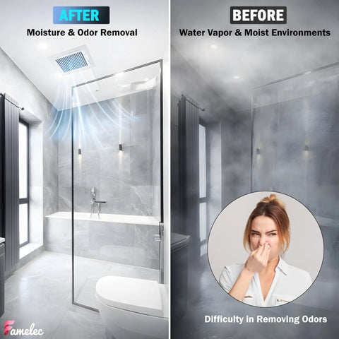 Before and after bathroom scenes showing odor removal with Beefed Up Replacement Bathroom Fan Motor for Nutone 763RL B Unit.