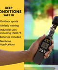 Handheld Heat Stress Monitor With WBGT Globe Temperature And Humidity Readouts For On Job Sites And Gyms in hand showing display