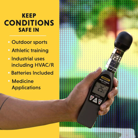 Handheld Heat Stress Monitor With WBGT Globe Temperature And Humidity Readouts For On Job Sites And Gyms in hand showing display