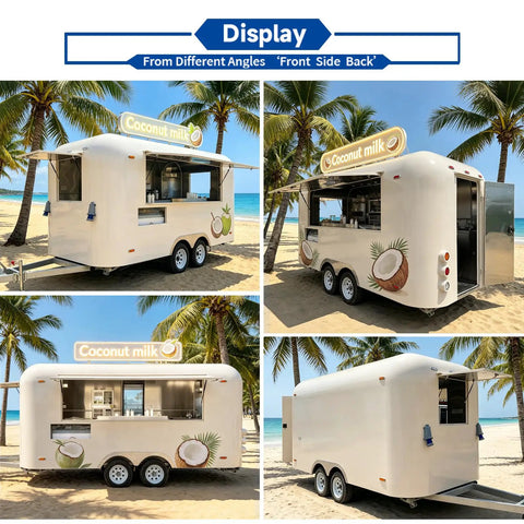 15 Foot White Food Trailer Fully Equipped No Sweat Turnkey Mobile Kitchen With Stainless Prep Area Plug And Play Beverage Station Road Ready Catering Rig Built Tough For Any Local Event, viewed from different angles on the beach.
