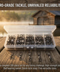 200 Piece Barrel Snap Swivel Fishing Accessories Set With Ball Bearing Swivels in plastic box, various sizes displayed