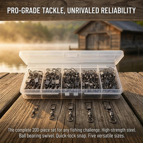 200 Piece Barrel Snap Swivel Fishing Accessories Set With Ball Bearing Swivels in plastic box, various sizes displayed
