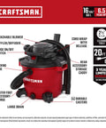 16 Gallon Wet Dry Shop Vacuum With 6.5 Peak HP Heavy Duty Power Detachable Leaf Blower Two In One Portable Vacuum with features labeled.