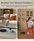 Roborock Qrevo robot vacuum and mop (black) cleans carpet by sofa; vacuum by dining area with a seated person.