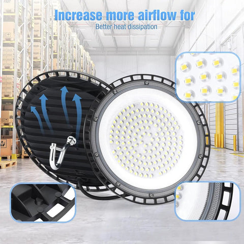 Blazing Bright 300W UFO Led High Bay Light With 5000K Daylight And 45000 Lumens showcasing large cooling fins and light intensity.
