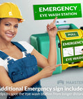 Woman pointing at 8 Gallon Portable Eye Wash Station With Wall Mount OSHA Compliant Emergency Eyewash System With Mirror And Dual Spray Nozzles For Quick Rinse Must Have Safety Gear For Labs Shops And Worksites with emergency sign.