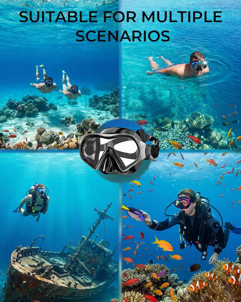 Snorkel Mask For Adults And Teens, Leak-Proof Swim Goggles With 180-Degree Panoramic View, Anti-Fog Scuba Diving Mask in use.
