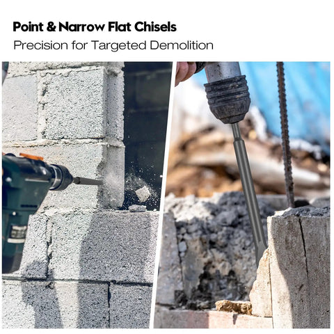 Beast 4 Piece SDS Plus Chisel Set For Demolition And Tile Removal in action breaking concrete with point chisel