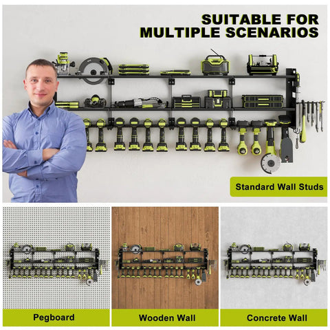 Power Tool Organizer Wall Mount With 16 Slots, 3 Tier Drill And Cordless Tool Storage Holder, Pegboard Sides shown on various wall types