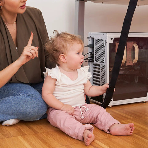 Baby Proof Cable Covers For Wires And Cables, Flexible Cut-To-Fit Neoprene Sleeves, tidy cords near computer desk with child and parent