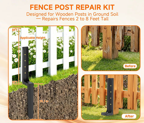 Heavy Duty Black Steel Fence Post Repair Kit For A Slick No Hassle Fix On Broken Or Leaning Wooden Posts; 15.1 inch ground anchor.