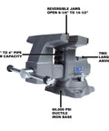 Eight Inch Bench Grinder With Wire Wheel And Knockout Reversible Bench Vise One Horsepower Shop Ready Combo showing ductile iron base and reversible jaws.