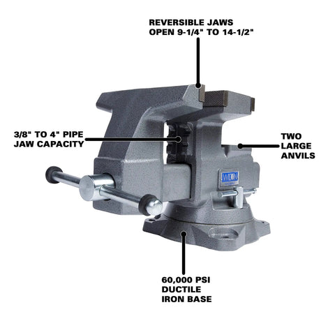 Eight Inch Bench Grinder With Wire Wheel And Knockout Reversible Bench Vise One Horsepower Shop Ready Combo showing ductile iron base and reversible jaws.