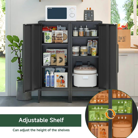 Beefy Heavy Duty 39.5 Inch Metal Storage Cabinet With Magnetic Door Featuring 3 Compartments And 2 Adjustable Shelves open view in kitchen