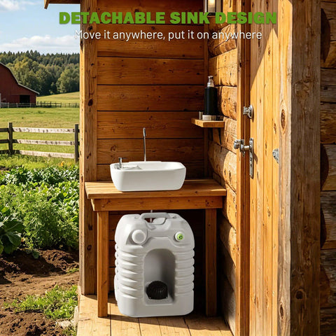 No Sweat 12 Gallon Heavy Duty Portable Hand Washing Station With Reliable Manual Pump And Drain Hose next to wooden structure.